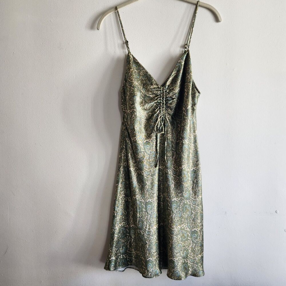 Zara Ruched Floral Paisley Print Satin Mini Slip Babydoll Dress Spaghetti Strap